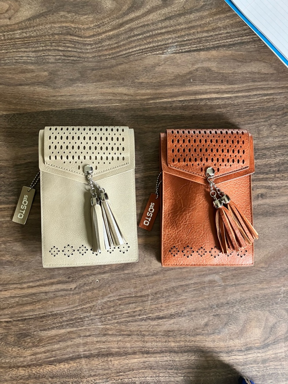 SeOsto Women’s Tassel Crossbody Phone Pouch - Beige and Tan Set of Two